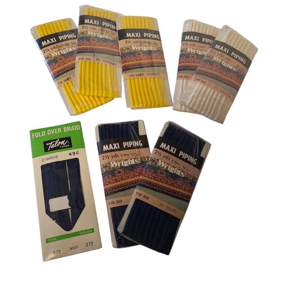 Lot of 7 NEW Vintage Wrights + 1 Talon Bias Tape Maxi Piping Blue White Yellow - Picture 1 of 10
